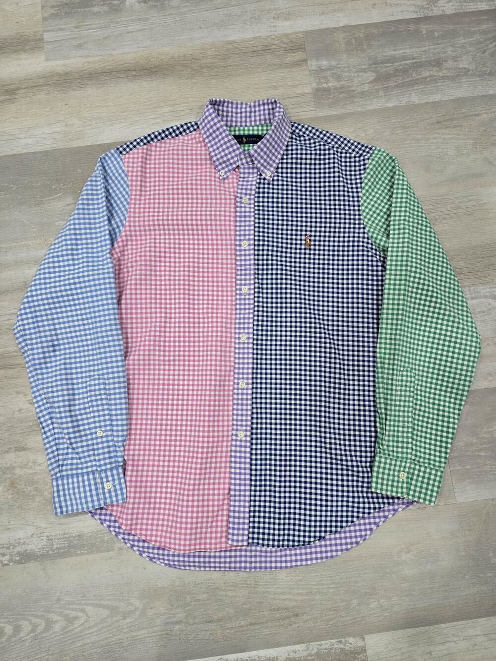 Vtg 90s Polo Ralph Lauren Fun Shirt Mens Large Blue Label Gingham Oxford PHILLY